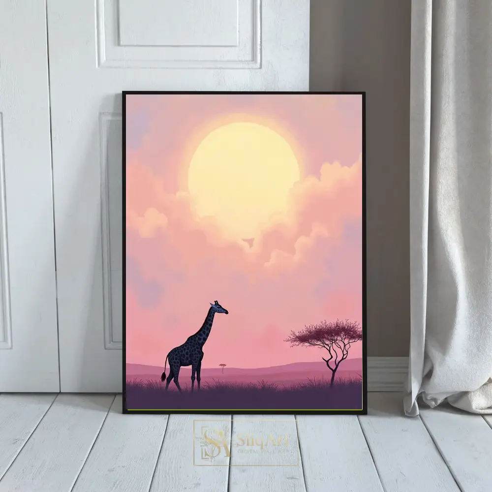 Serene Giraffe Silhouette under Golden Sun Pink Safari Art