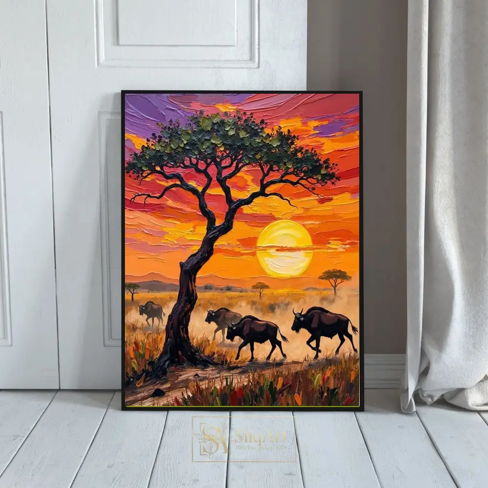 African Savanna Sunset Wall Art - Textured Wildebeest Migration Canvas