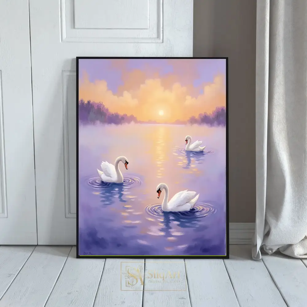 Graceful Swans at Sunset - Serene Lake Wall Art