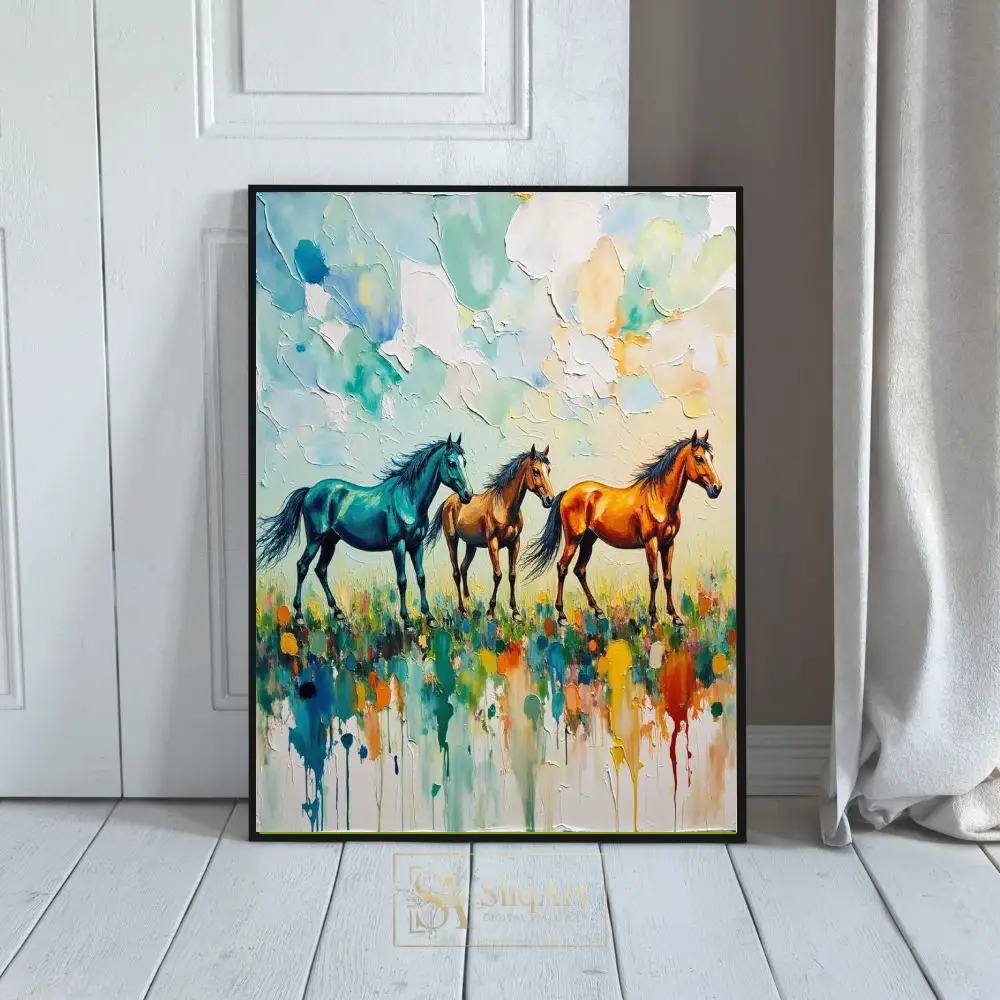 Vibrant Trio: Three Horses Abstract Impasto Canvas Wall Art