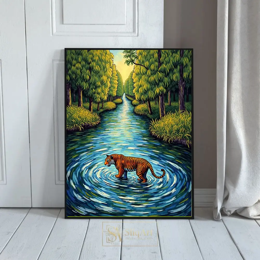 Majestic Tiger in Forest River Impressionist Wall Art