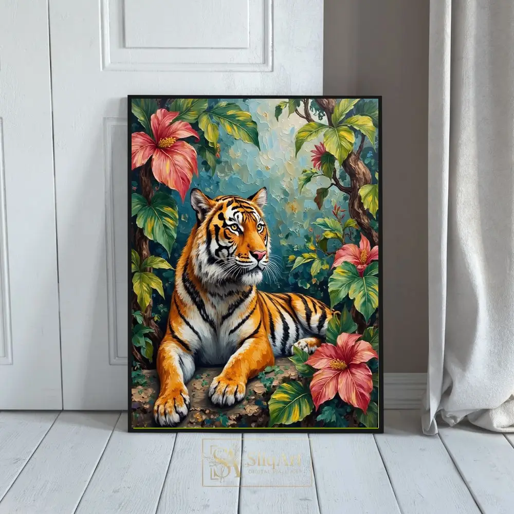Majestic Tiger in Tropical Jungle Impasto Oil Painting Wall Art