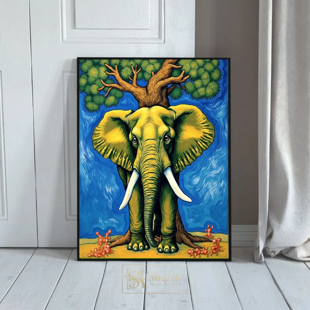 Surreal Elephant Tree Canvas Art - Vibrant Blue & Gold Nature Decor