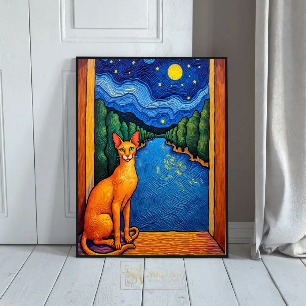 Post-Impressionist Cat Starry Night Canvas Art - Whimsical Feline Wall Decor