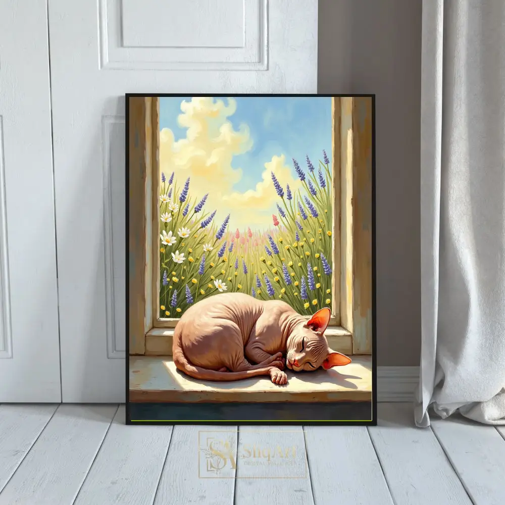 Sphynx Cat Sleeping on Windowsill Art - Peaceful Lavender Meadow Painting