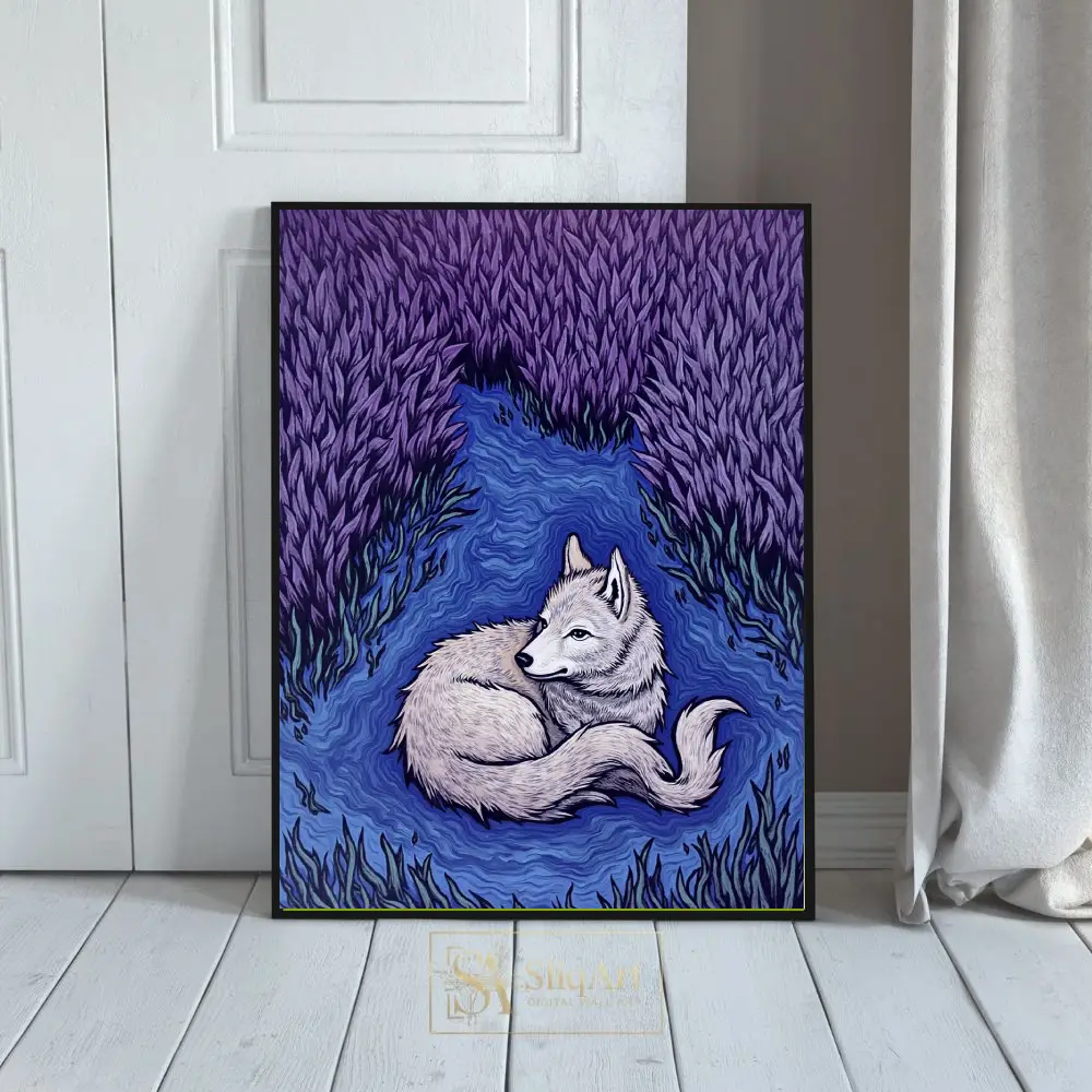 White Wolf in Purple Meadow Canvas Art - Surreal Wildlife Wall Decor