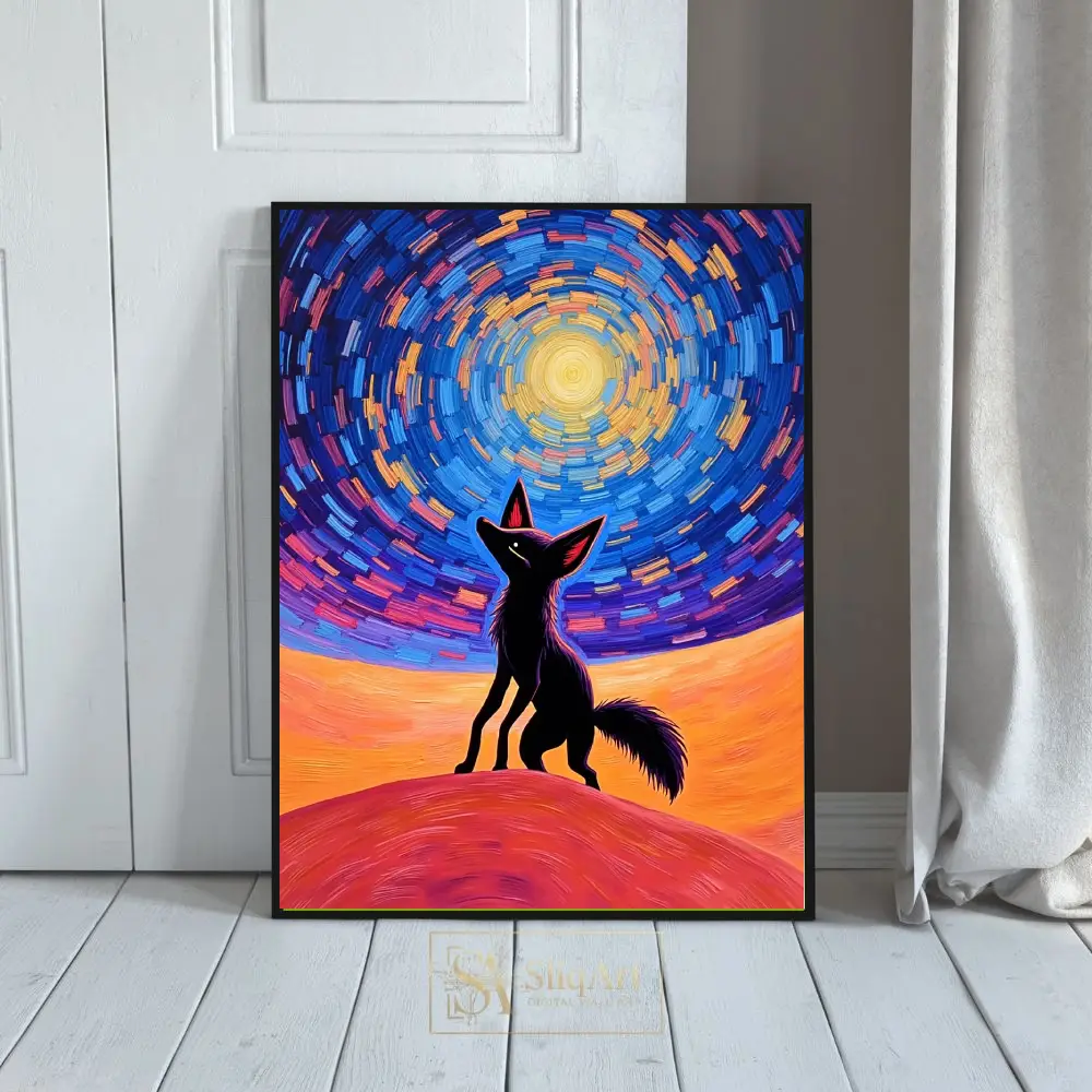 Whimsical Fox Under Swirling Starry Night Canvas Wall Art