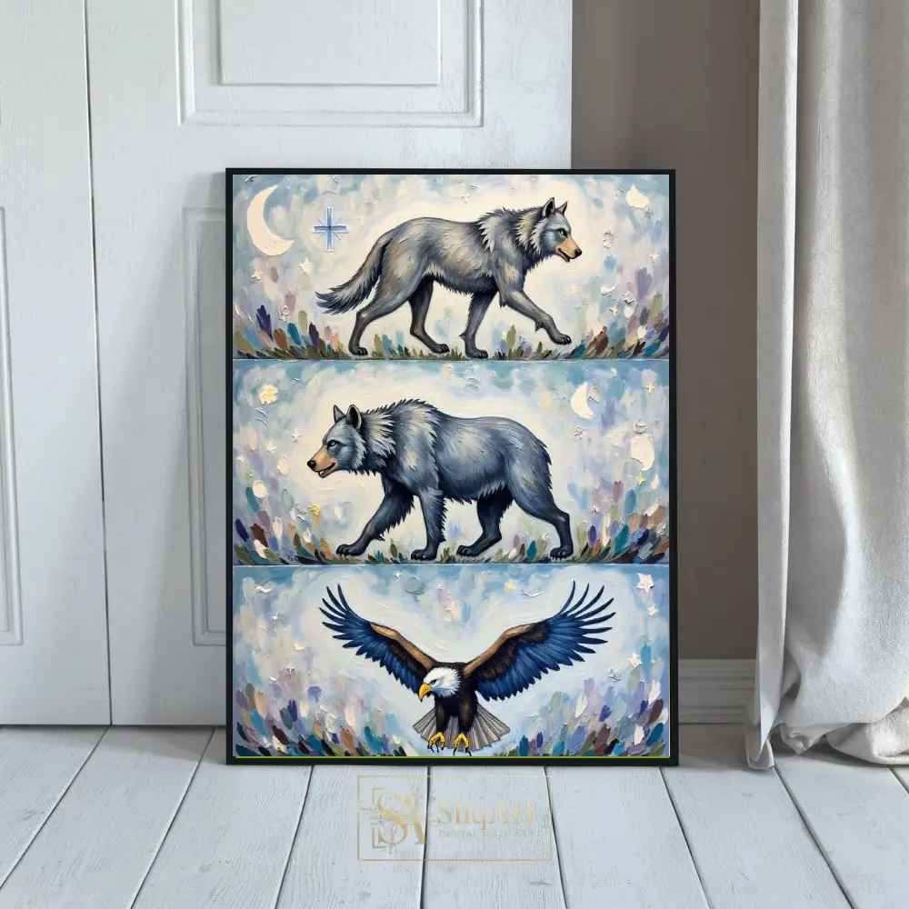 Celestial Wildlife Triptych - Wolf, Bear, and Eagle Canvas Art