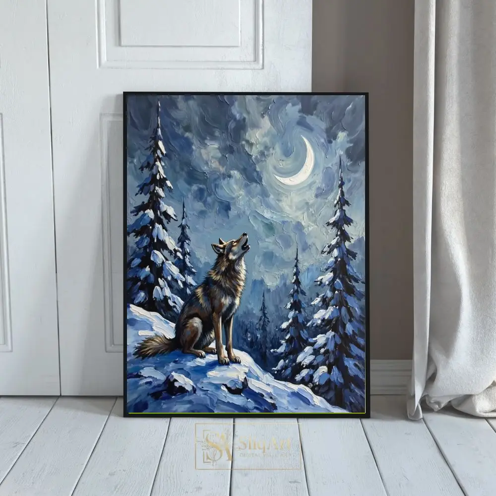 Howling Wolf in Winter Moonlit Forest Oil Painting