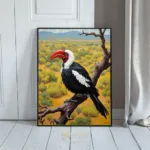 BRD a colorful painting of a large vibrant parrot with red and blue feathers perched on a branch in an open field 001