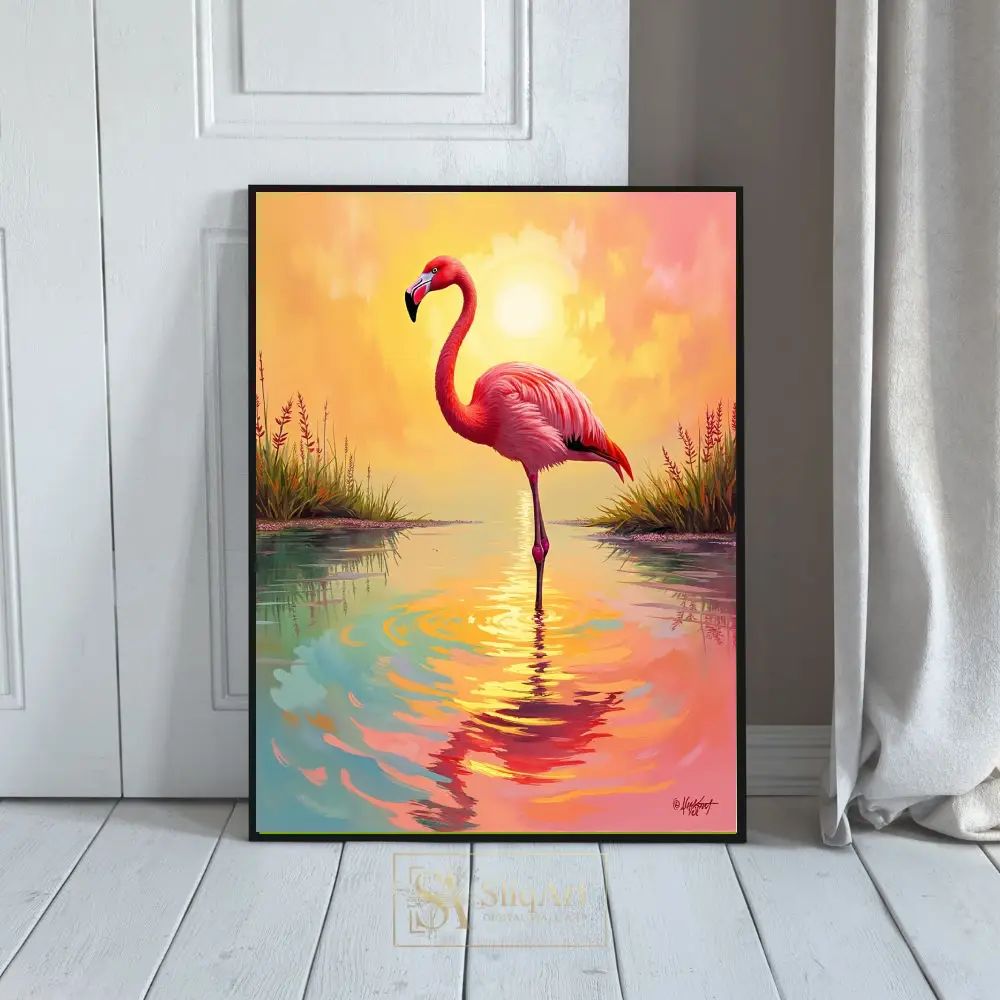 Radiant Pink Flamingo Sunset Painting - Tropical Canvas Wall Art