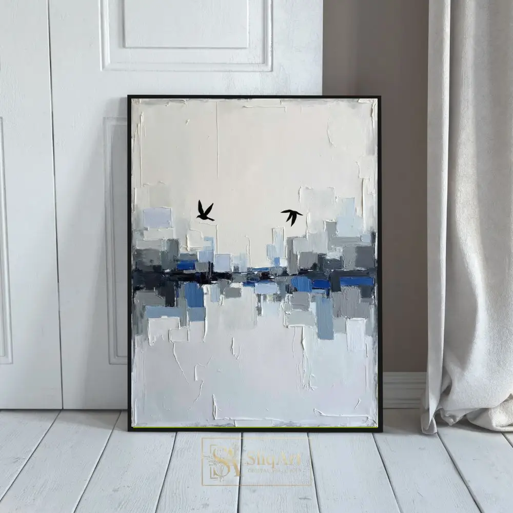 Minimalist Blue Abstract Cityscape with Birds Canvas Art