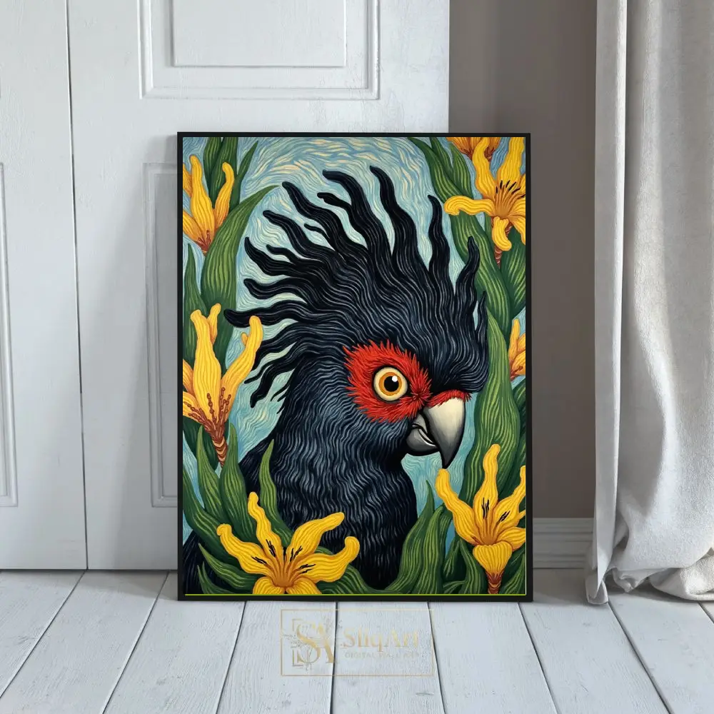 Bold Palm Cockatoo & Yellow Lilies Art Print - Tropical Bird Wall Decor