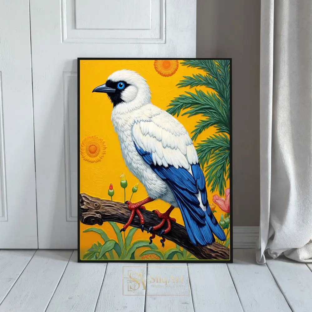 Vibrant White Bird with Blue Wings Impasto Painting Wall Art