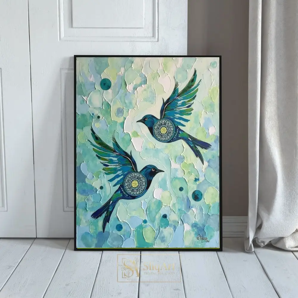 Ethereal Flight: Boho Teal Birds with Mandala Patterns Canvas Art