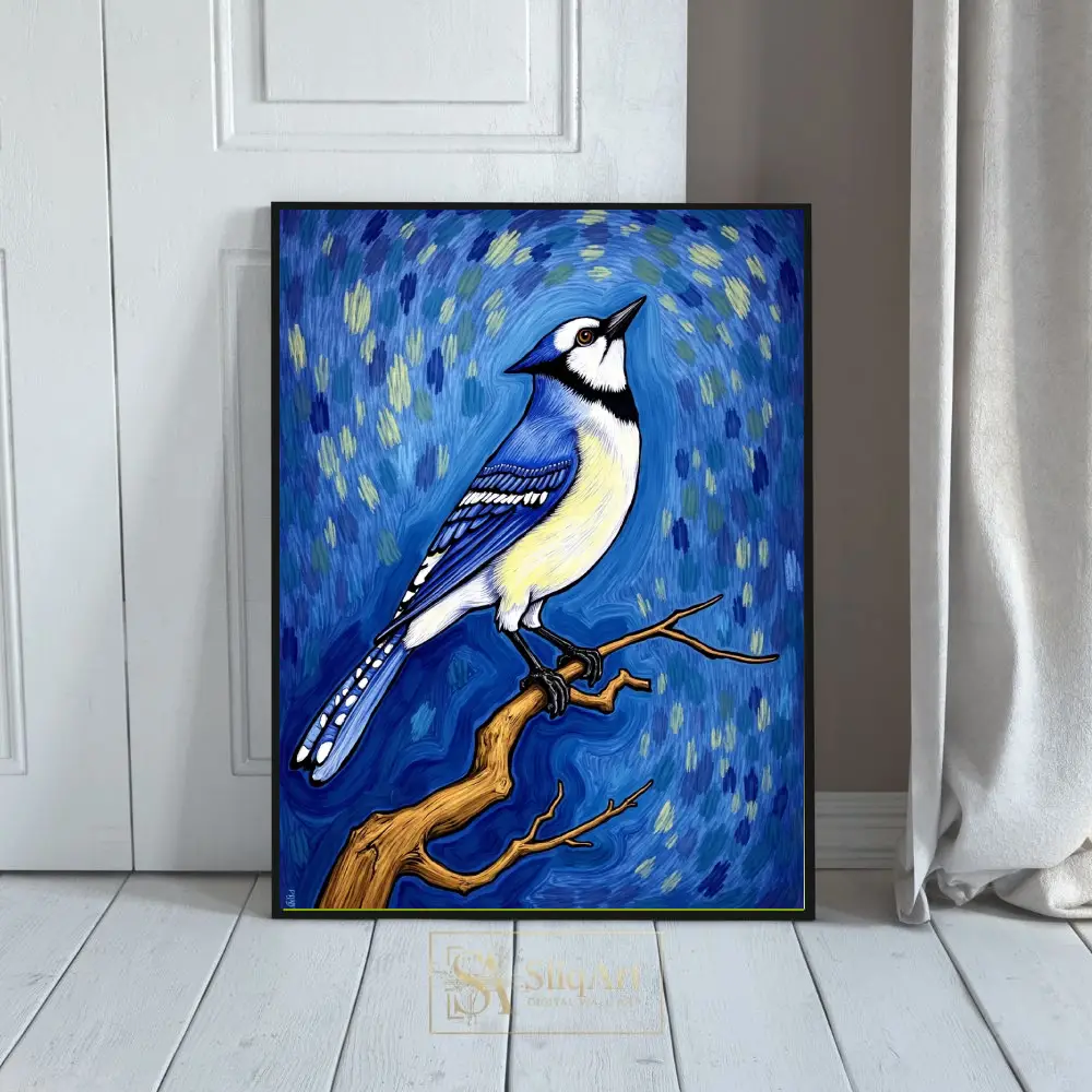 Blue Jay Impressionist Canvas Art - Van Gogh Style Bird Wall Decor