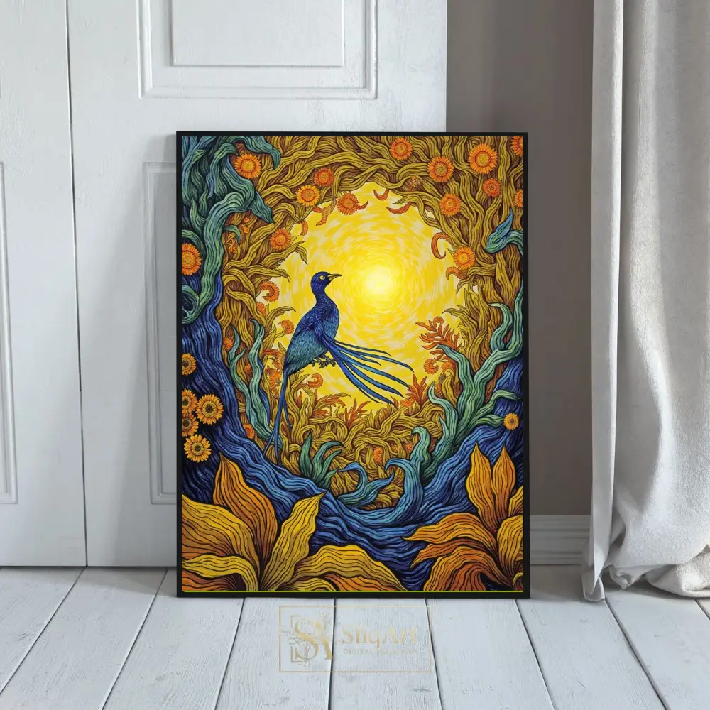 Radiant Blue Bird of Paradise Under Golden Sun Wall Art