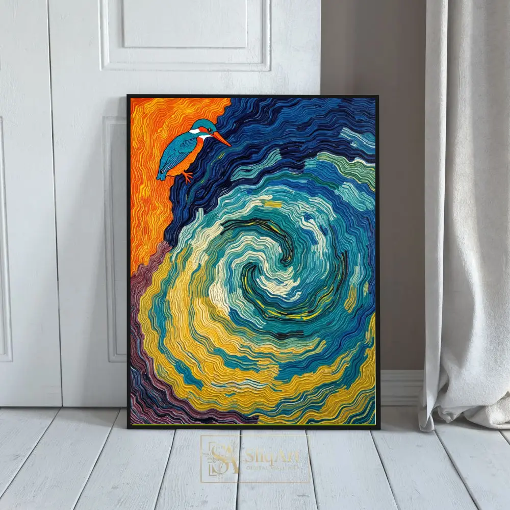 Vibrant Kingfisher & Swirling Blue Waters Impasto Canvas Art