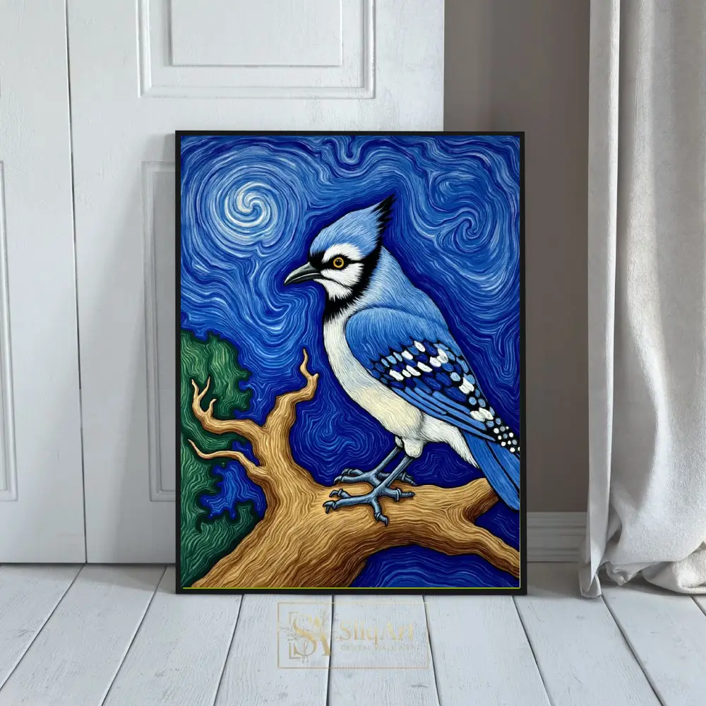 Blue Jay Impressionist Wall Art - Van Gogh Inspired Bird Painting