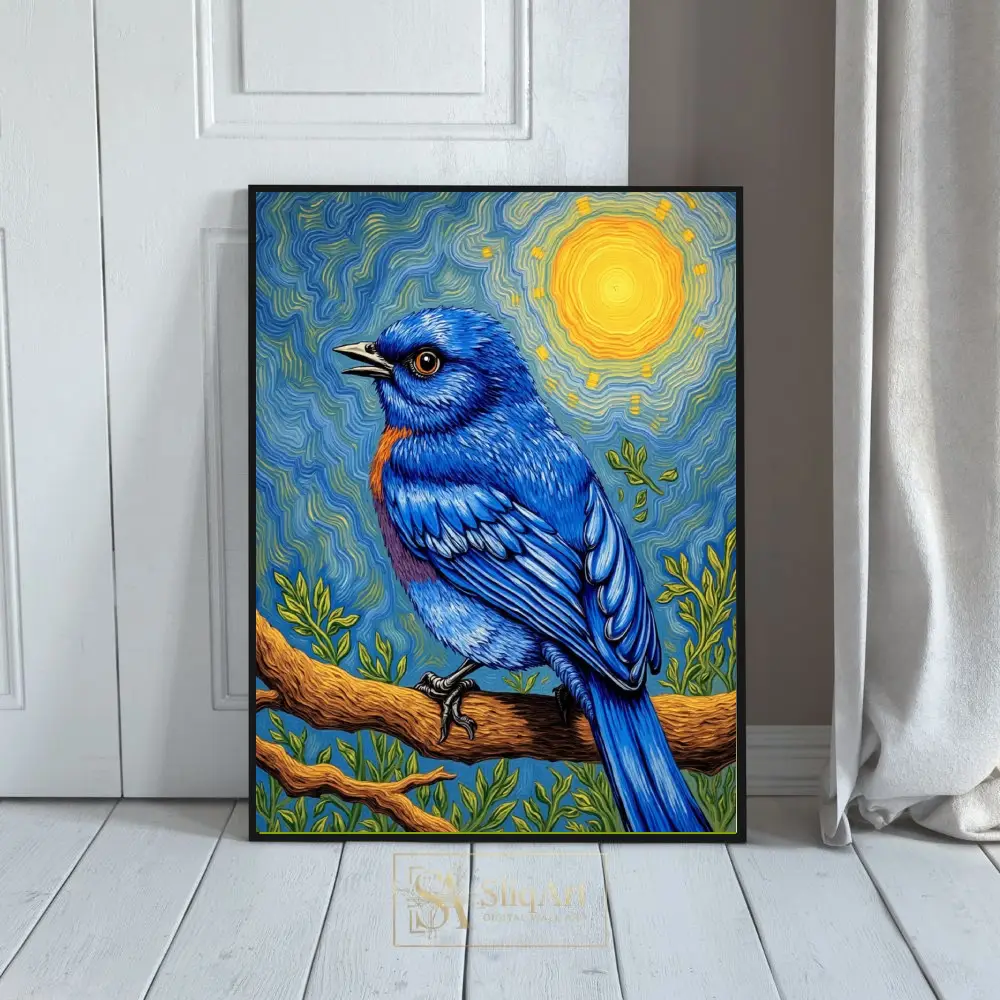 Vibrant Bluebird Impressionist Wall Art - Van Gogh Inspired Bird Canvas