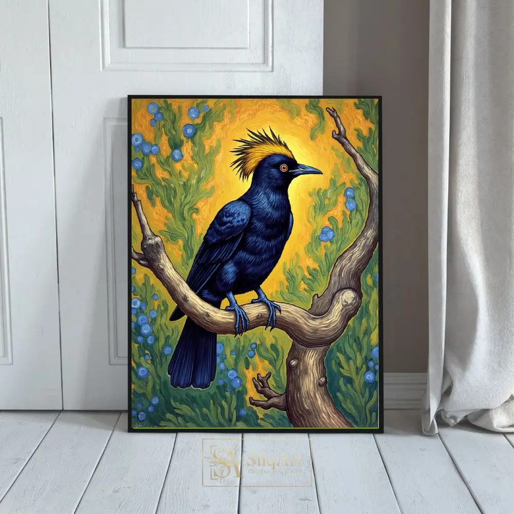Golden Crested Indigo Bird Art Print - Post-Impressionist Nature Canvas