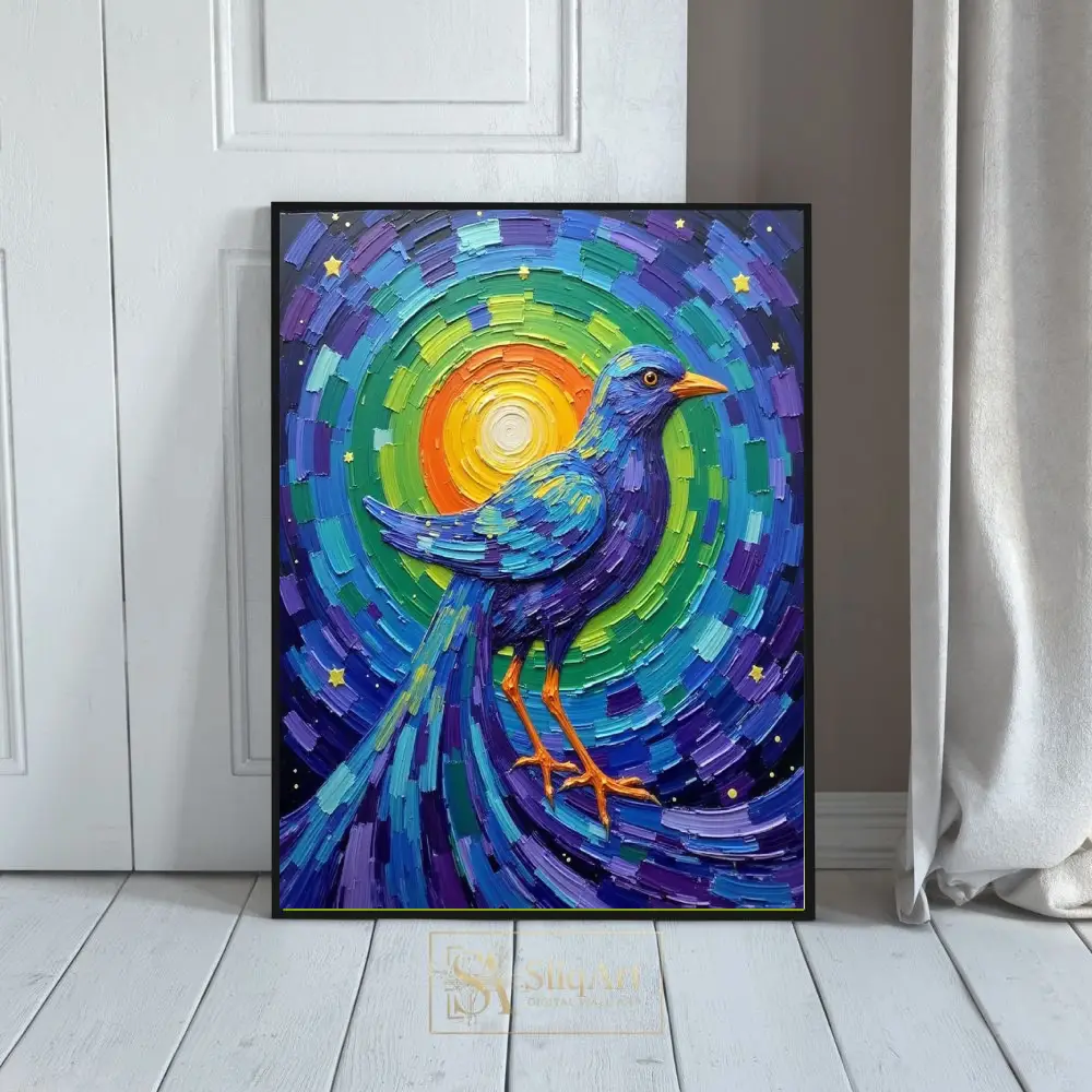 Celestial Blue Bird Impasto Canvas Art | Vibrant Textured Bird Wall Decor