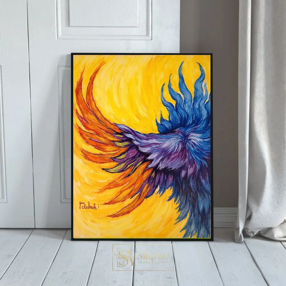 Vibrant Phoenix Ascent: Abstract Feathered Wing Wall Art