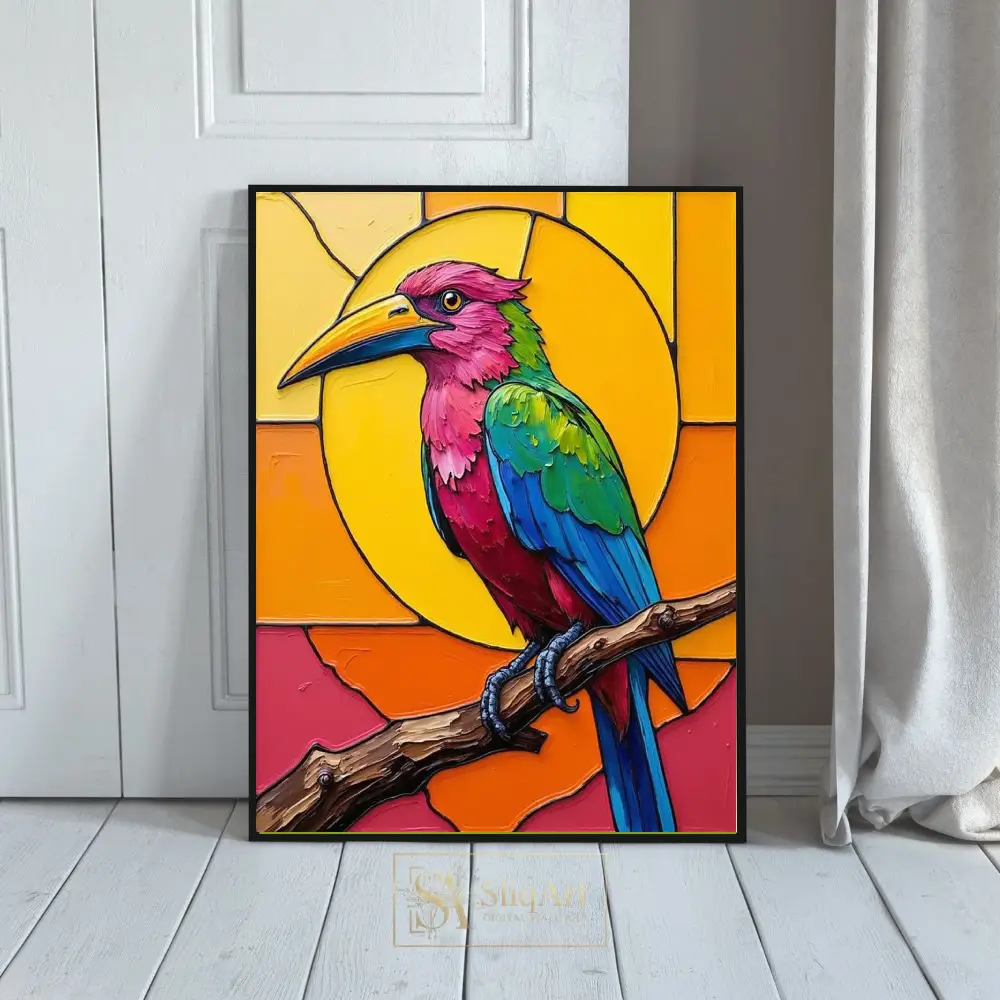 Vibrant Tropical Bird Textured Wall Art - Modern Stained Glass Style