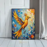 BRD colorful in flight on a blue background with orange flowers and leaves 090