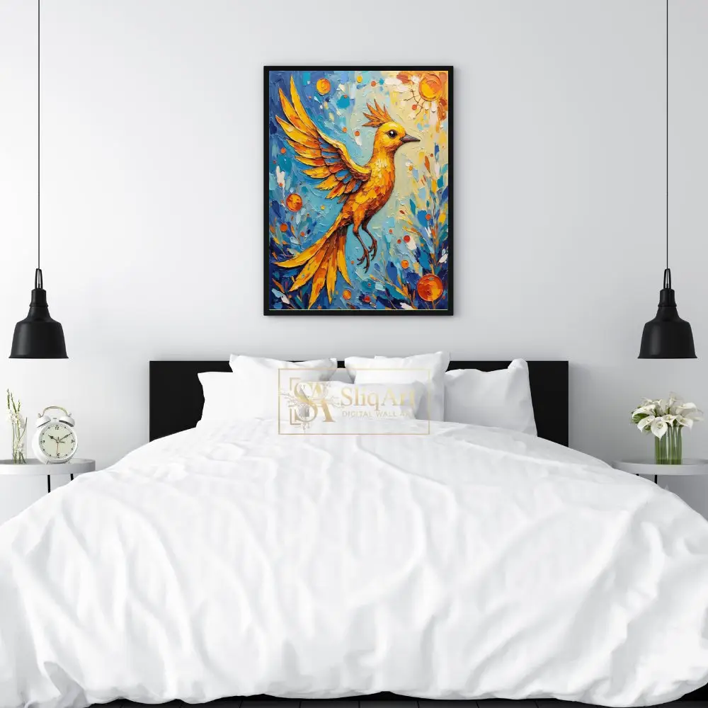 BRD-colorful-in-flight-on-a-blue-background-with-orange-flowers-and-leaves-090-02 BRD colorful in flight on a blue background with orange flowers and leaves 090