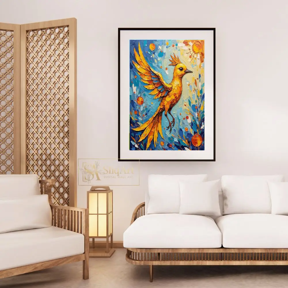 BRD-colorful-in-flight-on-a-blue-background-with-orange-flowers-and-leaves-090-03 BRD colorful in flight on a blue background with orange flowers and leaves 090