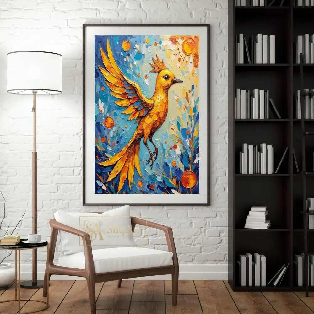 BRD-colorful-in-flight-on-a-blue-background-with-orange-flowers-and-leaves-090-04 BRD colorful in flight on a blue background with orange flowers and leaves 090