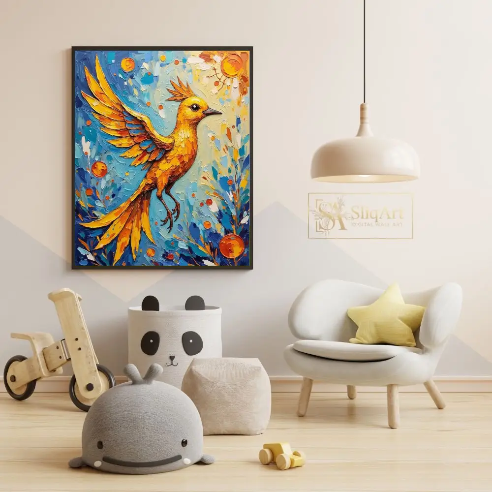 BRD-colorful-in-flight-on-a-blue-background-with-orange-flowers-and-leaves-090-05 BRD colorful in flight on a blue background with orange flowers and leaves 090