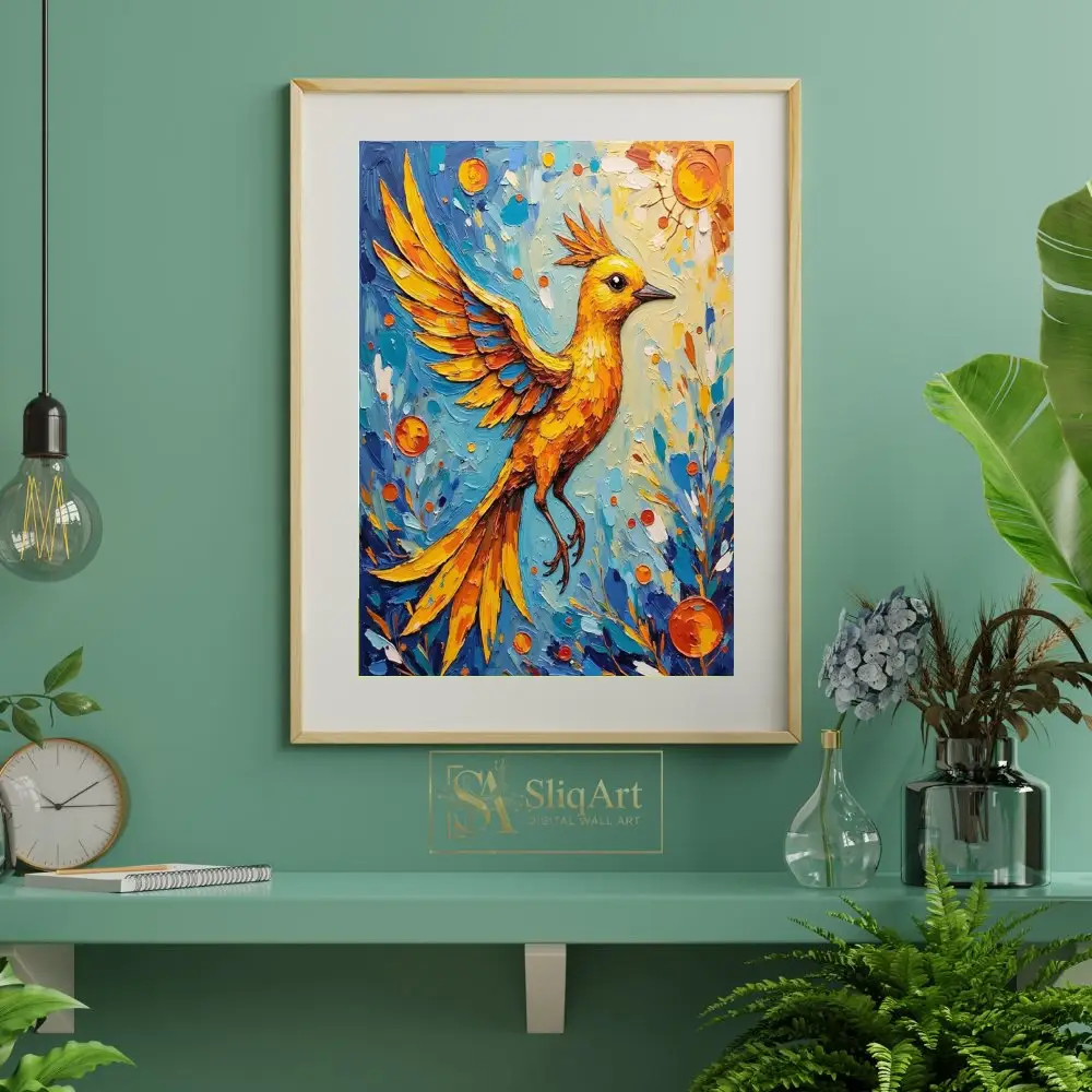 BRD-colorful-in-flight-on-a-blue-background-with-orange-flowers-and-leaves-090-06 BRD colorful in flight on a blue background with orange flowers and leaves 090