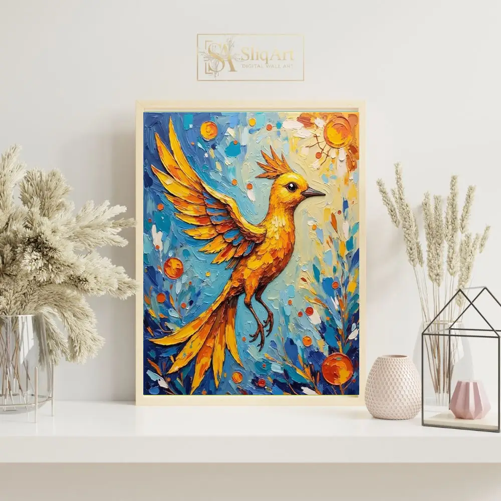 BRD-colorful-in-flight-on-a-blue-background-with-orange-flowers-and-leaves-090-07 BRD colorful in flight on a blue background with orange flowers and leaves 090