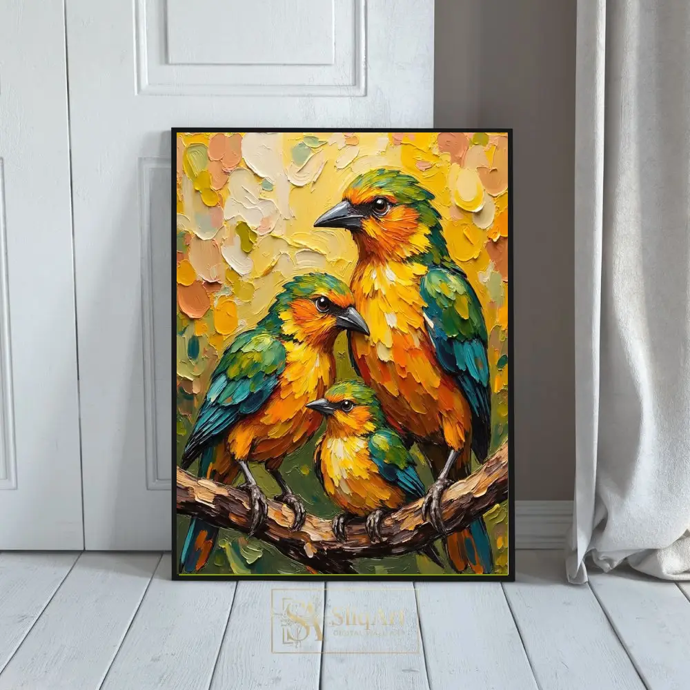 Vibrant Bird Family Impasto Oil Painting - Colorful Nature Wall Art