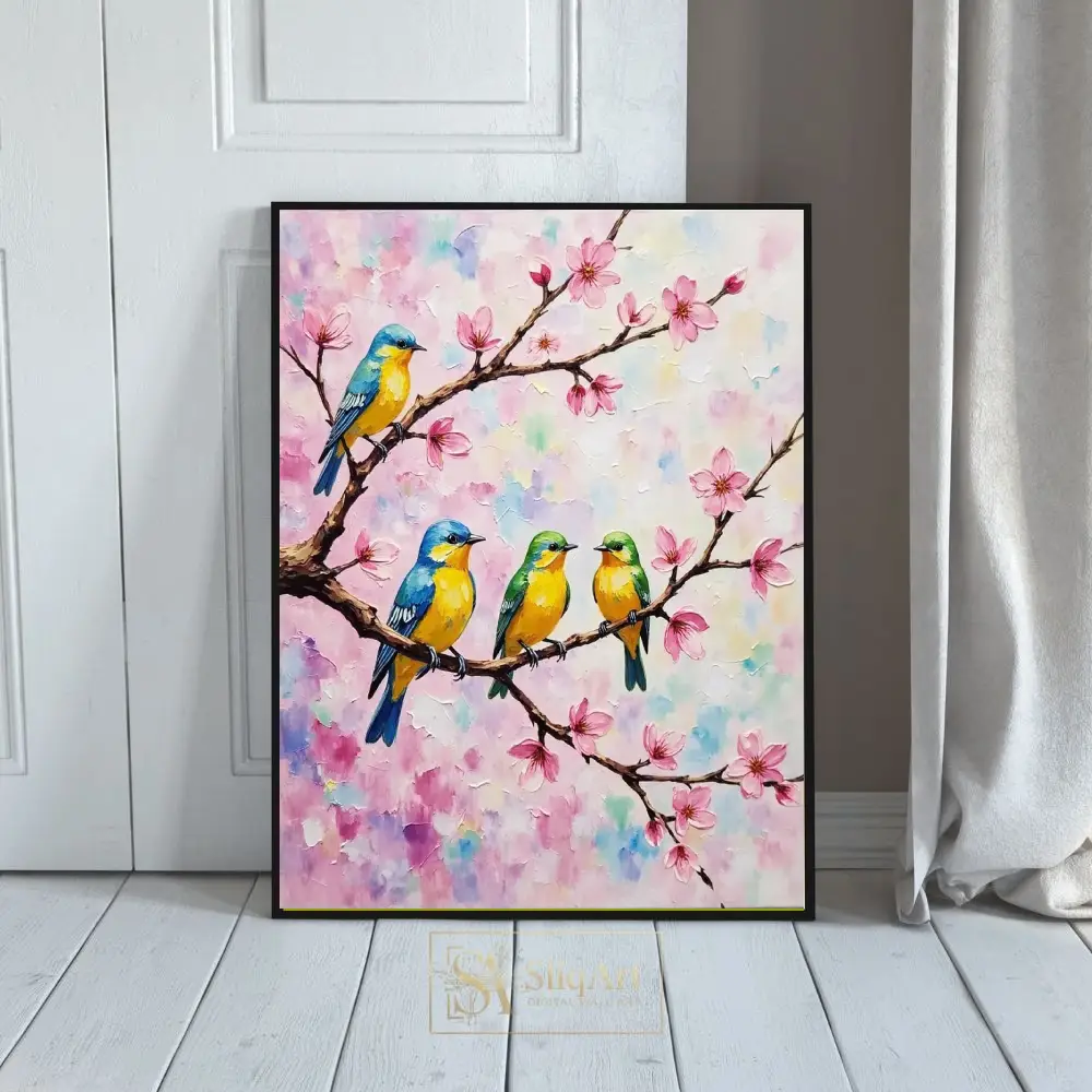 Bird on Cherry Blossom Branch Textured Canvas Wall Art
