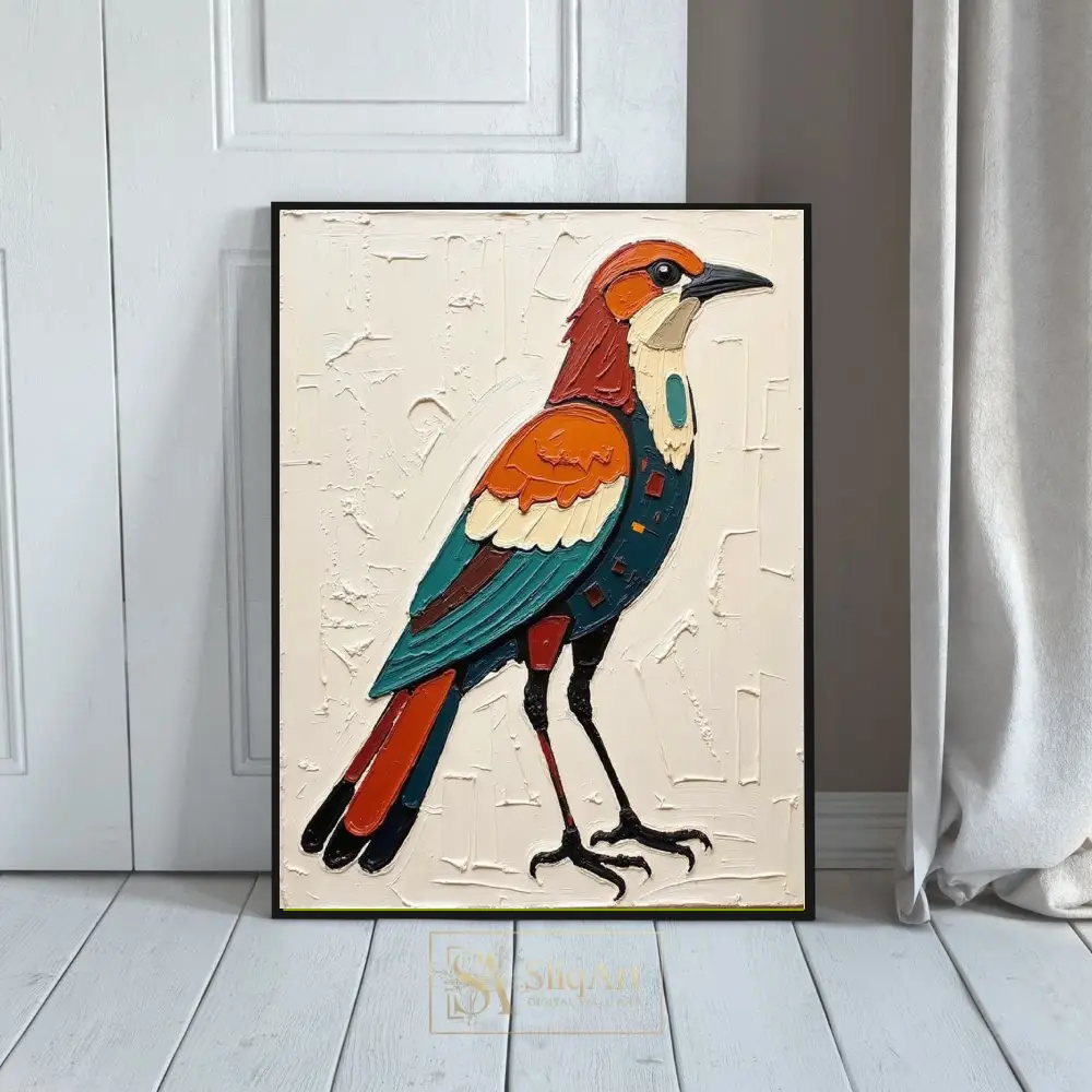 Modern Textured Bird Painting - Teal and Rust Impasto Wall Art