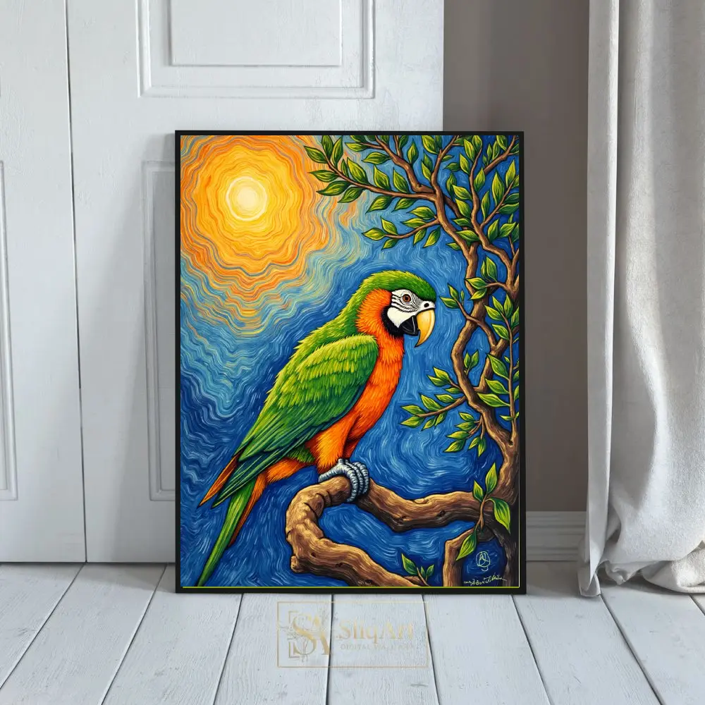 Vibrant Tropical Parrot in Sun Swirls - Expressionist Bird Wall Art