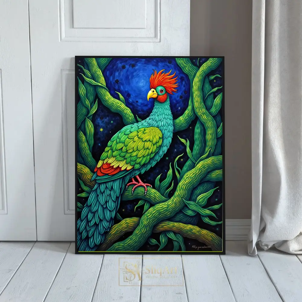 Vibrant Tropical Bird in Moonlit Night Garden Folk Art