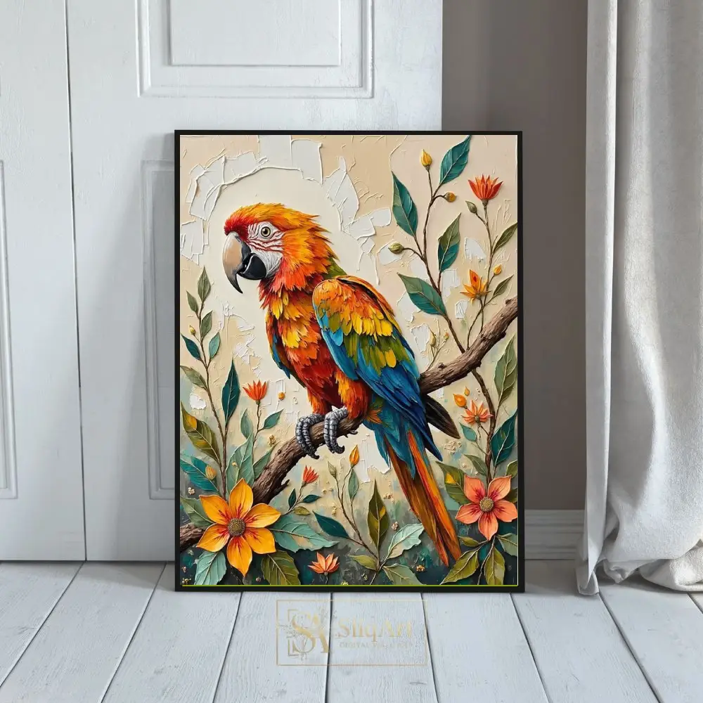 Vibrant Tropical Macaw Impasto Canvas Wall Art