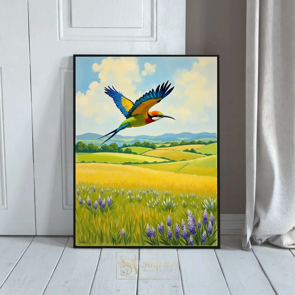 Colorful Bird in Flight over Rolling Hills Landscape Art