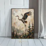 BRD crane in flight pine trees 124