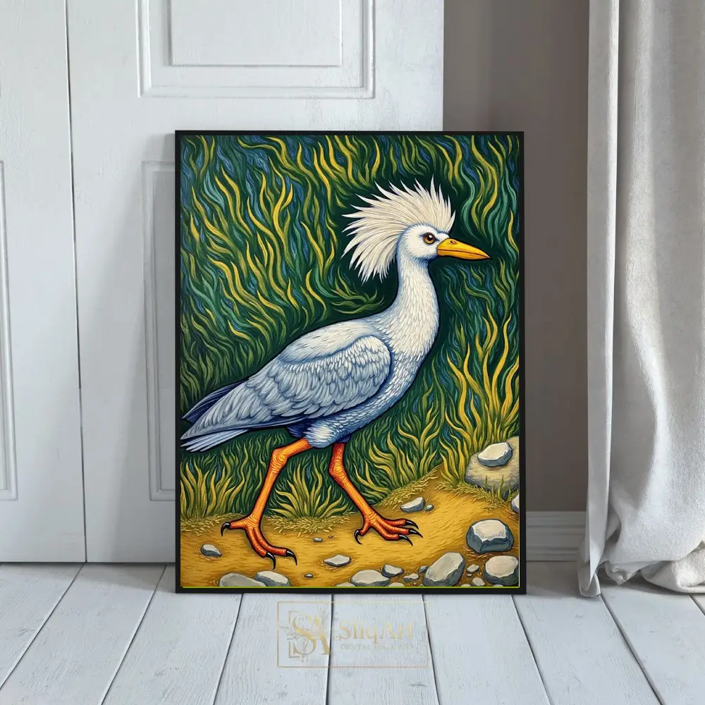 Whimsical Crested Bird Canvas Art - Vibrant Post-Impressionist Style