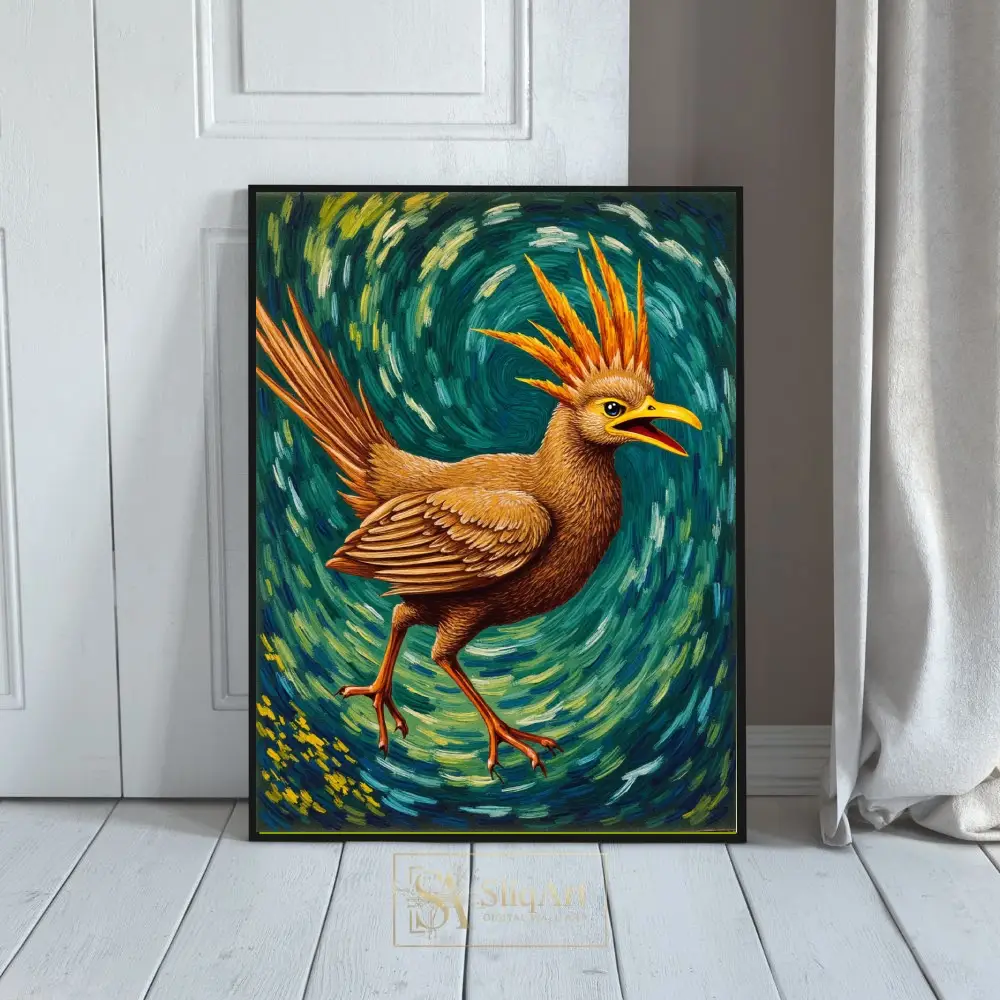 Impressionist Golden Bird Canvas Art - Vibrant Teal Swirl Wall Decor
