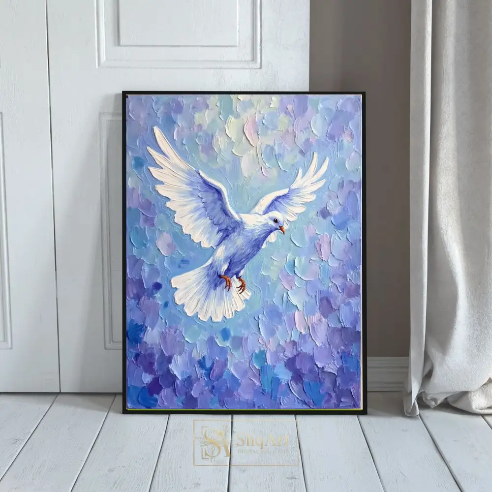 White Dove Peace Impasto Painting - Blue and Purple Textured Wall Art