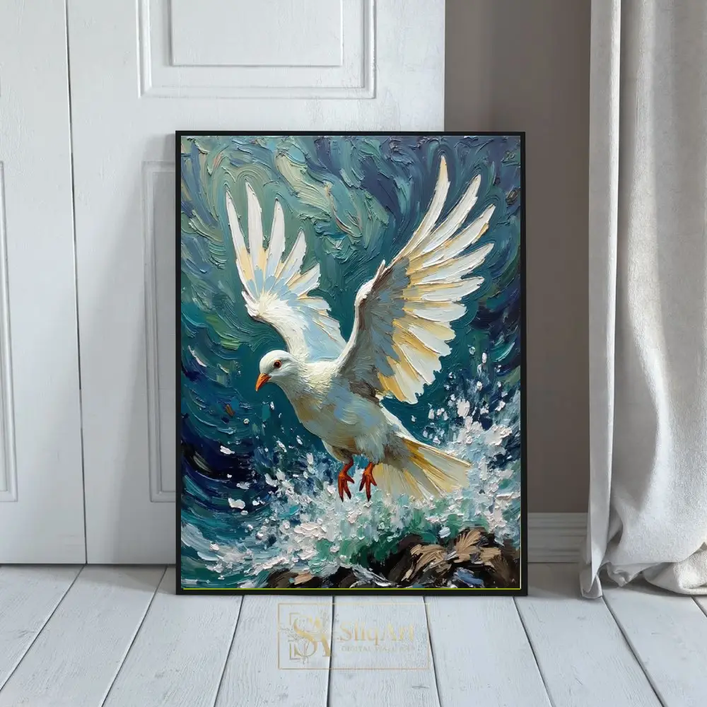 White Dove Over Ocean Waves Impasto Art - Textured Coastal Canvas