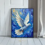 BRD dove in flight against blue background 137