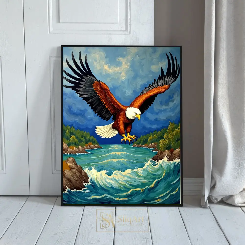 Majestic Bald Eagle Over Crashing Waves - Vibrant Wildlife Wall Art