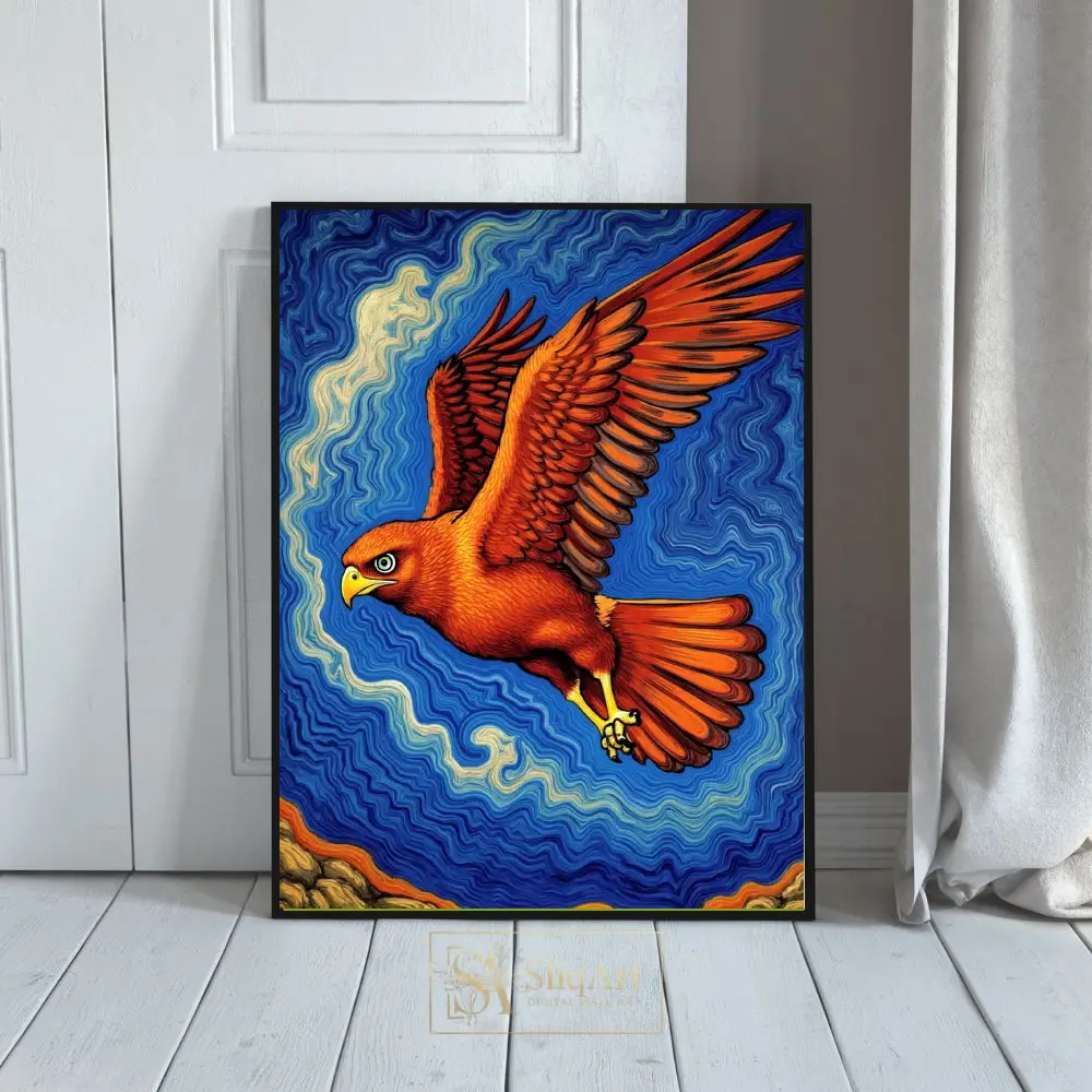 Majestic Soaring Eagle Illustration - Vibrant Blue & Orange Wall Art